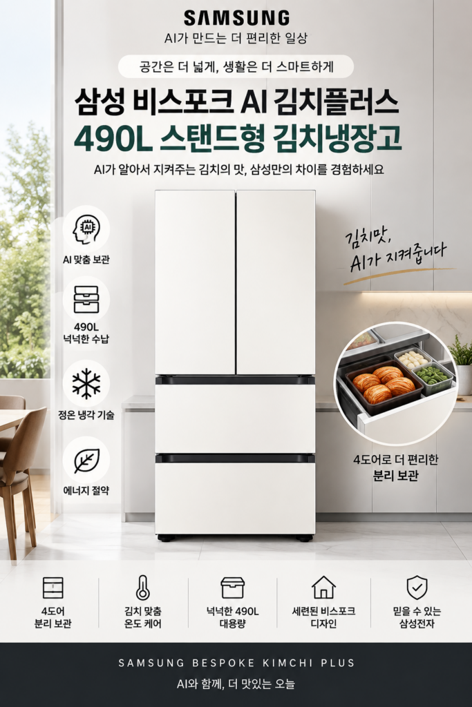 삼성 김치냉장고 490L 추천｜Bespoke AI 김치플러스 4도어 스탠드형 RK70F49M2Z 제품 이미지