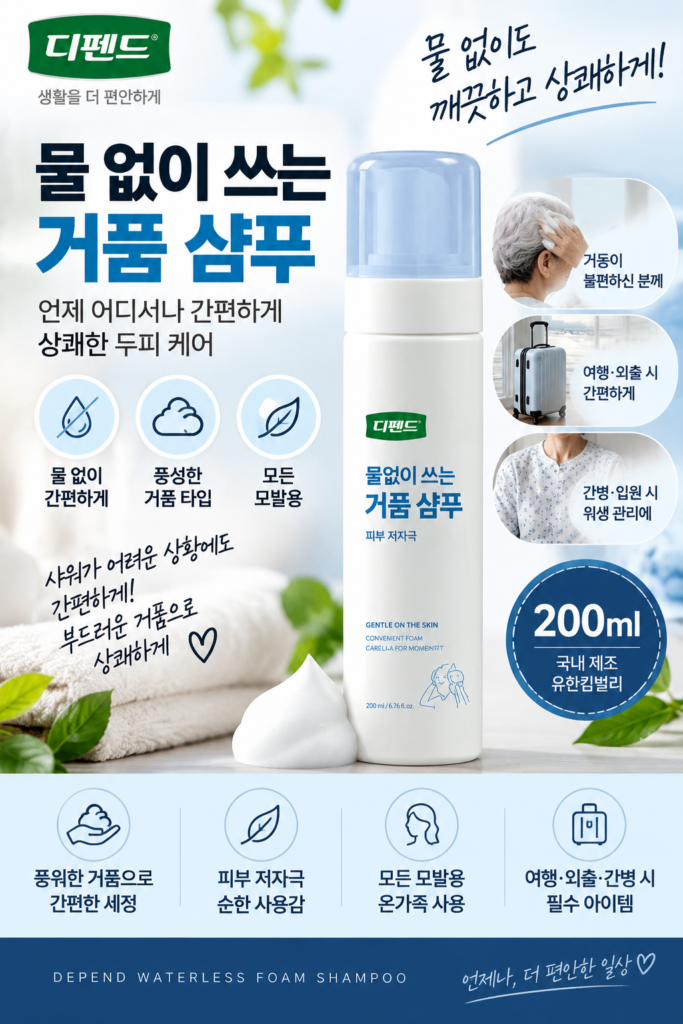 디펜드 물 없이 쓰는 거품 샴푸 200ml｜물 없이 간편하게 사용하는 노워시 샴푸 제품 이미지