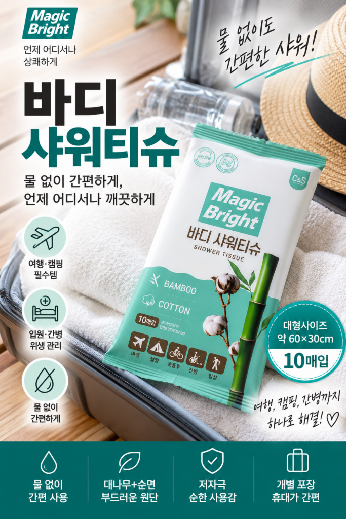 바디샤워티슈 매직브라이트 바디샤워티슈 10개입｜물 없이 사용하는 여행·간병 샤워티슈 제품 이미지