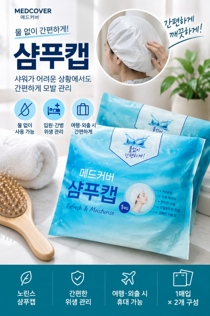 물없는 샴푸 메드커버 샴푸캡 2개｜물 없이 머리 감는 간병·입원용 노린스 샴푸캡 제품 이미지