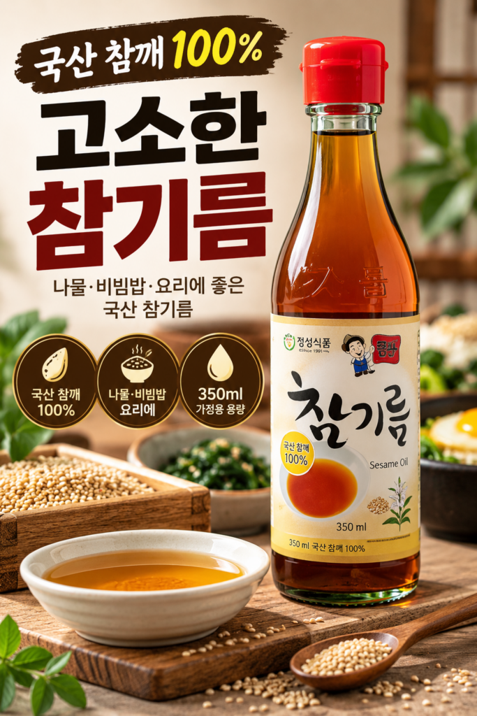 국산 참기름 350ml｜국산 참깨 100% 고소한 참기름, 나물·비빔밥 요리용 제품 이미지
