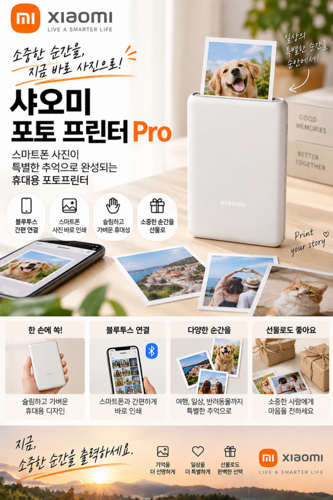 샤오미 (Xiaomi) 휴대용 포토 프린터 Pro 슬림형 블루투스 연결 복수사용자 동시접속 가능 시일 필름 자동 라미네이트 가공 라이브 포토 인쇄 포토 용지팩 승화형 10장 동봉 제품 이미지