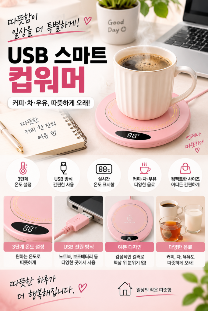 3가지 온도 설정이 가능한 USB 스마트 컵 워머 전기 음료 워머 커피 우유 차 음료용 커피 컵 워머 제품 이미지